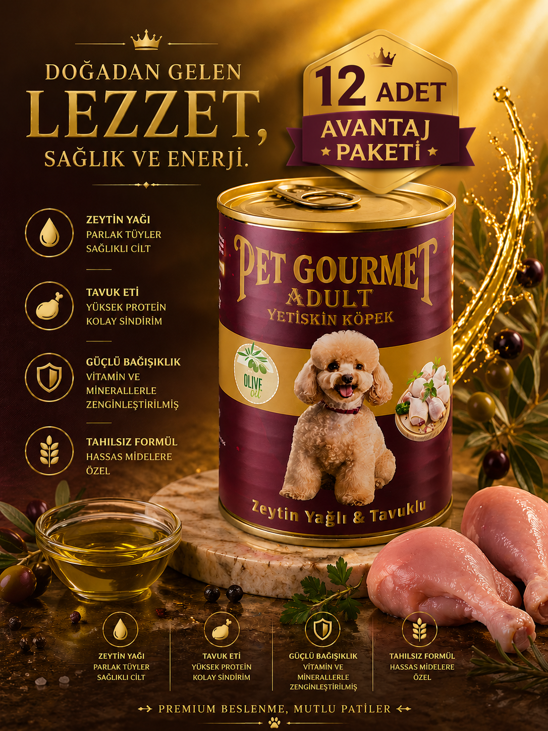 Pet Gourmet Premium Adult Zeytinyağlı Tavuklu Yetişkin Köpek Yaş Maması 400 g (12'li Avantaj Paketi)