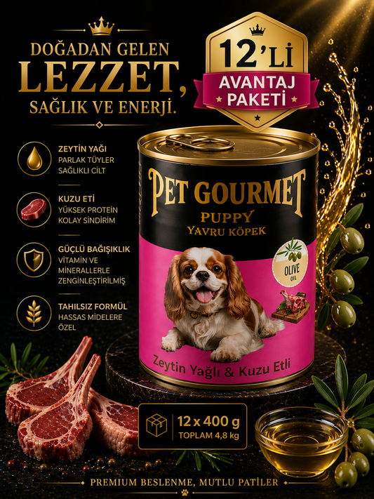 Pet Gourmet Premium Puppy Zeytinyağlı Kuzu Etli Yavru Köpek Yaş Maması 400 g ( 12'li Avantaj Paketi)
