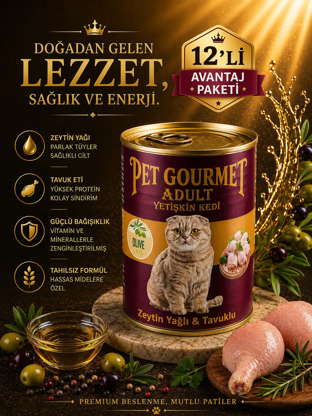 Pet Gourmet Premium Adult Zeytinyağlı Tavuklu Yetişkin Kedi Yaş Maması 400gr ( 12'li Avantaj Paketi)