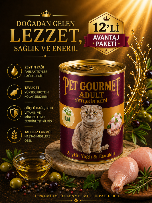 Pet Gourmet Premium Adult Zeytinyağlı Tavuklu Yetişkin Kedi Yaş Maması 400gr ( 12'li Avantaj Paketi)
