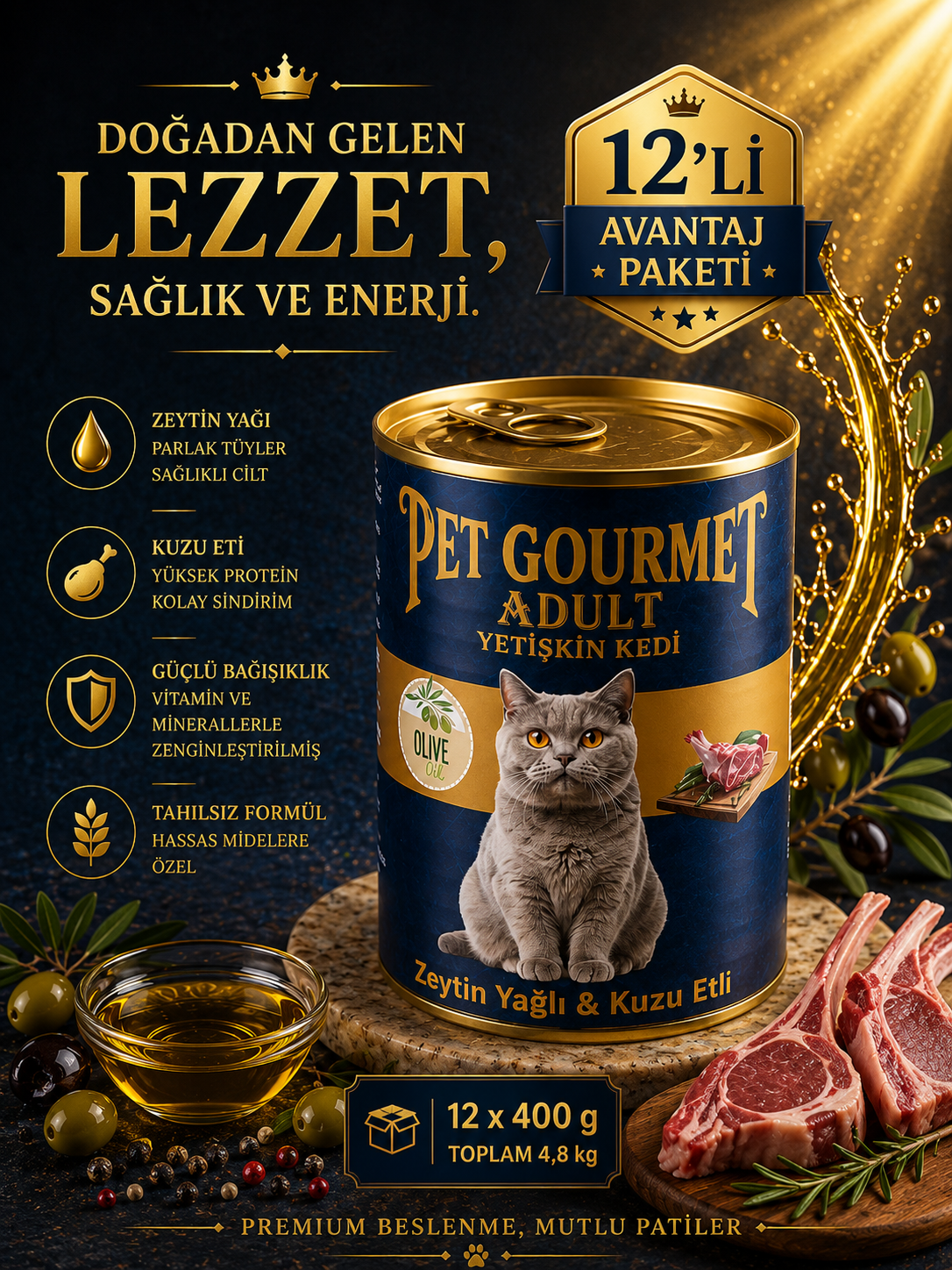 Pet Gourmet Premium Zeytinyağlı Kuzu Etli Yetişkin Kedi Yaş Maması 400gr ( 12'li Avantaj Paketi)