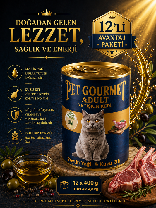 Pet Gourmet Premium Zeytinyağlı Kuzu Etli Yetişkin Kedi Yaş Maması 400gr ( 12'li Avantaj Paketi)