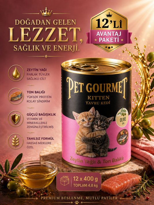 Pet Gourmet Premium Zeytinyağlı Ton Balıklı Yavru Kedi Yaş Maması 400gr ( 12'li Avantaj Paketi)