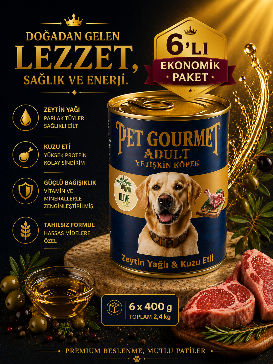Pet Gourmet Premium Adult Zeytinyağlı Kuzu Etli Yetişkin Köpek Yaş Maması 400 g ( 6'lı Ekonomik Paket)