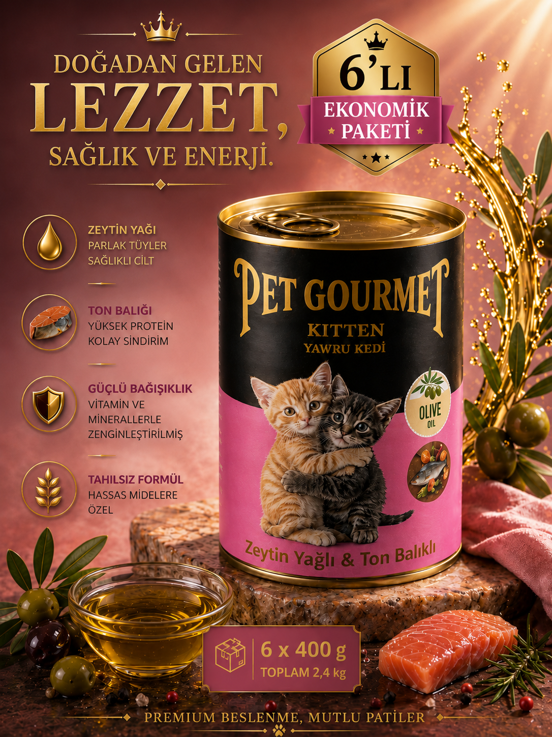 Pet Gourmet Premium Zeytinyağlı Ton Balıklı Yavru Kedi Yaş Maması 400gr ( 6'lı Ekonomik Paket)